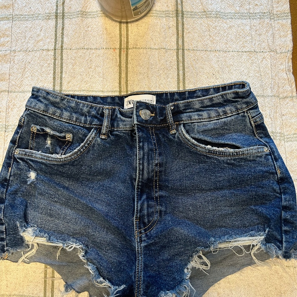 ZARA Blue Jean Shorts Distressed High-Waisted